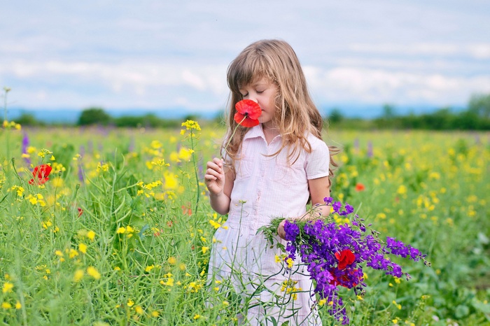 Girl smelling a poppy in a flower meadow