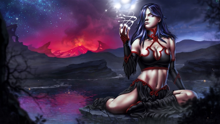 Sorceress from Diablo III casting magic under starry sky