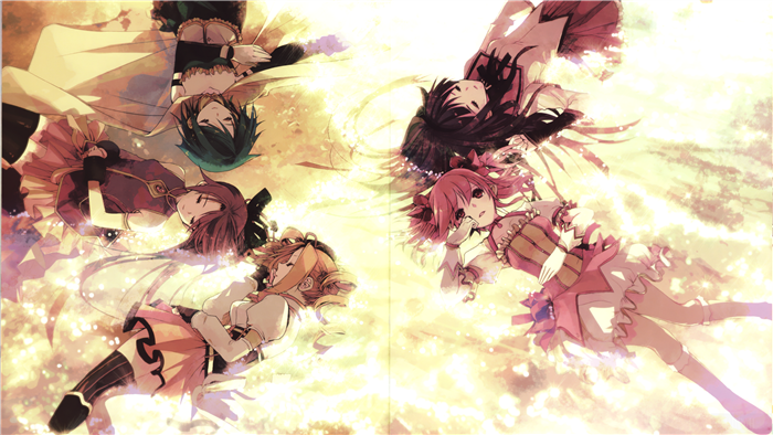 Madoka Magica characters lying down in a field 4K