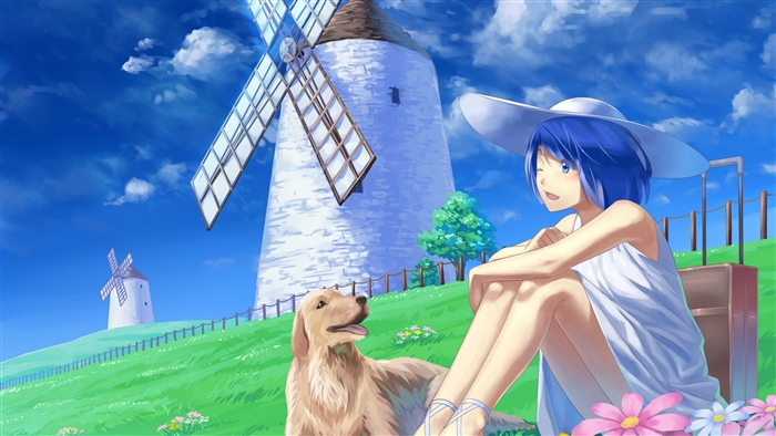 Girl with Blue Hair and Dog near Windmill 4K