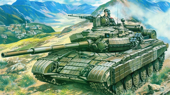Tank in a Mountainous Village Landscape