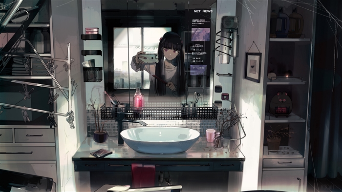 Girl taking a selfie in a bathroom with net news