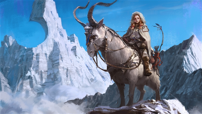 Woman warrior with bow riding a horned animal in mountains 4K