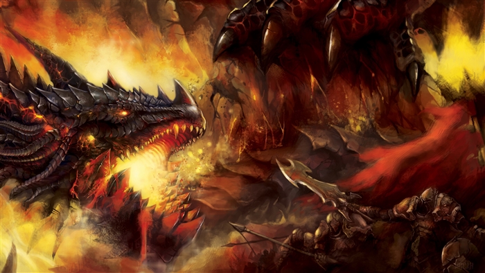 Dragon breathing fire on armored soldiers