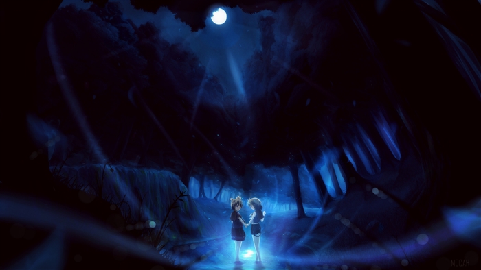 Len and Rin Kagamine in a dark forest 4K