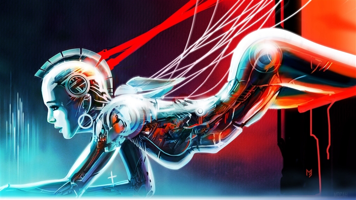Robot with wires and red lights 4K