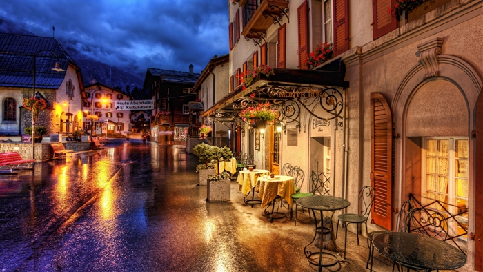 Zermatt Night Street Cafe Scene 4K