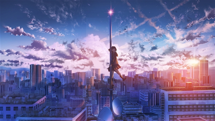 Girl on a pole in a city skyline 4K