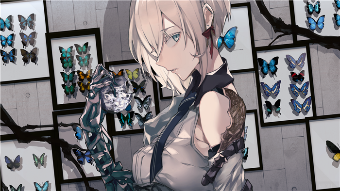 Girl with blonde short hair and butterflies 4K