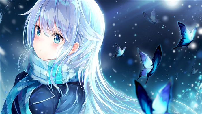 Anime Girl with White Hair and Blue Eyes and Butterflies