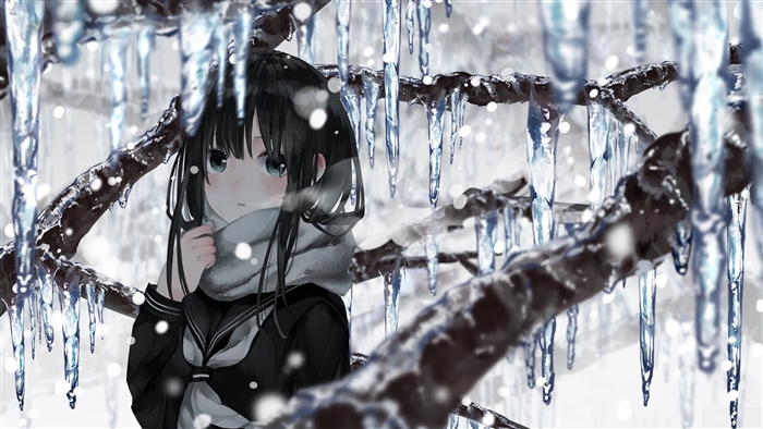 Girl in winter with icicles