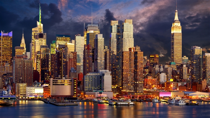 Manhattan Skyline at Night with Illuminated Skyscrapers 4K