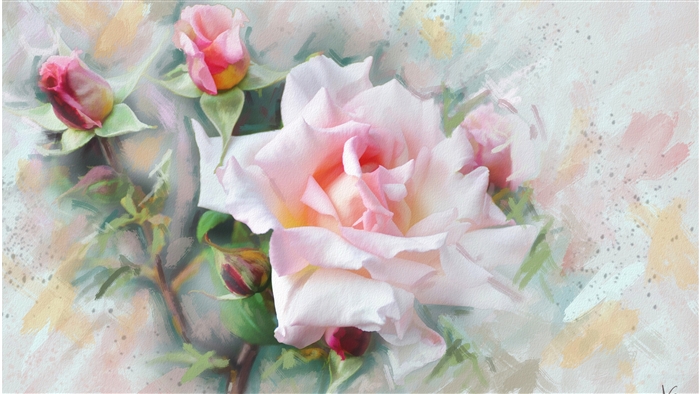 Pink Rose and Buds Watercolor Painting 4K