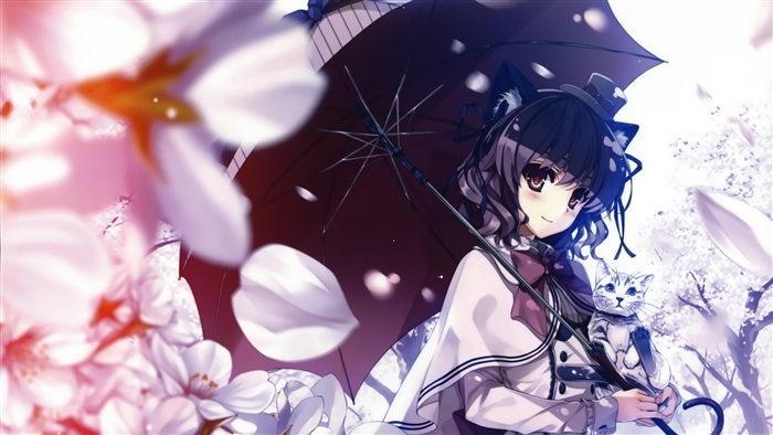 Anime Girl with Cat and Umbrella 4K
