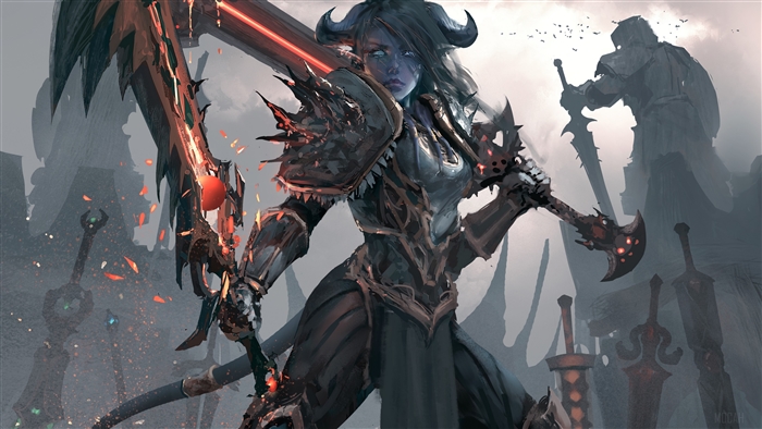 Draenei warrior with horns and glowing sword 4K