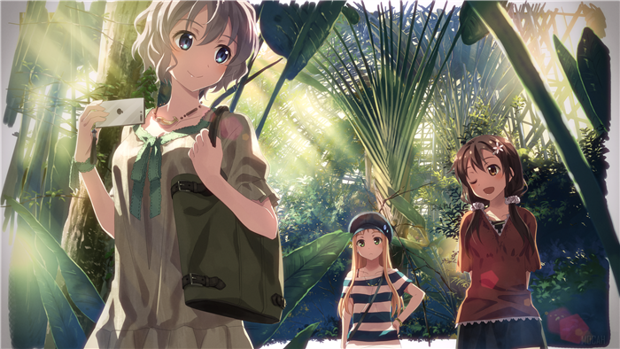 Three girls in a greenhouse with sunlight