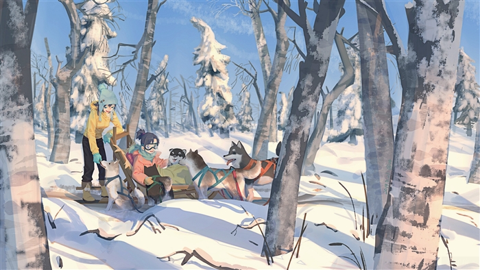 Girls and dogs in a snowy forest