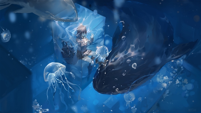 Girl in a cube with whale and jellyfish 4K