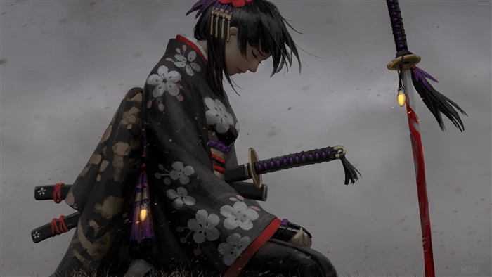Samurai Woman in Floral Kimono with Katana 4K