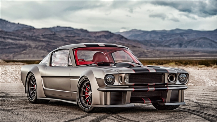 Silver Ford Mustang Muscle Car in Desert Landscape