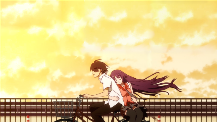 Hitagi Senjōgahara and Koyomi Araragi from Bakemonogatari on a bike at sunset