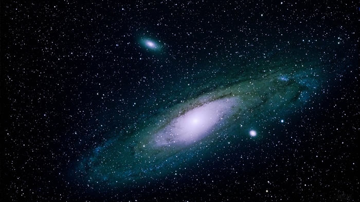 Andromeda Galaxy and satellite galaxies in space 4K