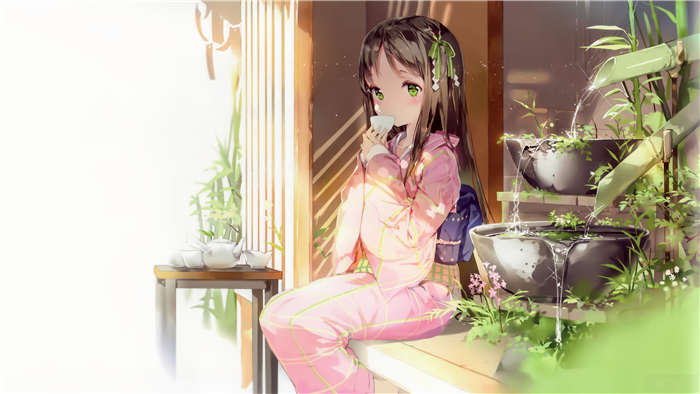 Anime girl in pink kimono drinking tea
