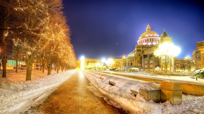 Christian Science Plaza in Boston at Night with Snow and Lights 4K
