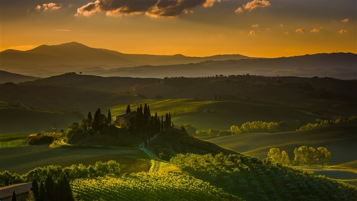 Tuscan Villa with Cypress Trees at Sunset 4K