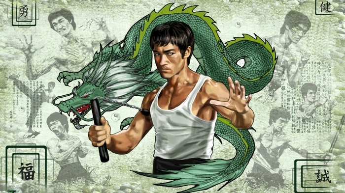 Bruce Lee with a Dragon and Nunchucks