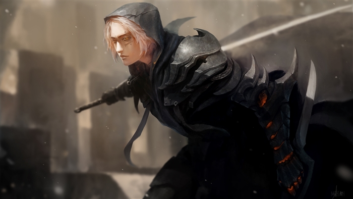 Man in dark armor with sword