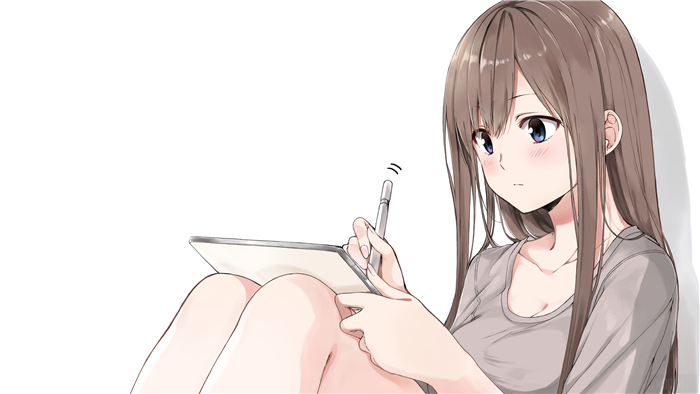 Girl with Brown Hair and Blue Eyes Drawing on Tablet