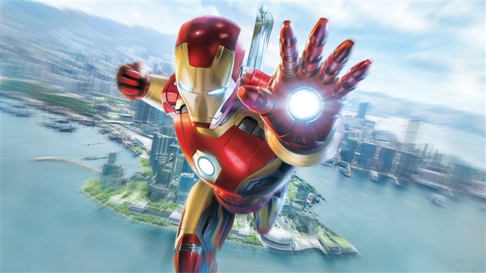Iron Man flying over a city
