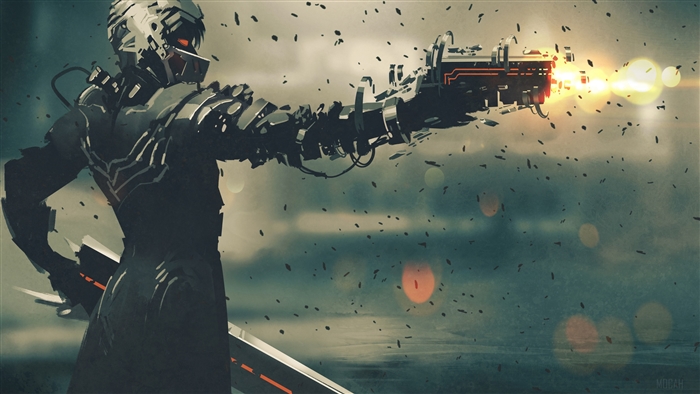 Futuristic Soldier Firing Gun with Sword 4K