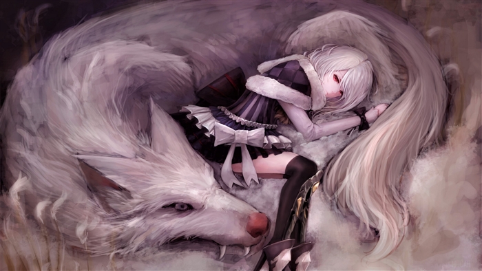 Girl with white hair resting on a white wolf