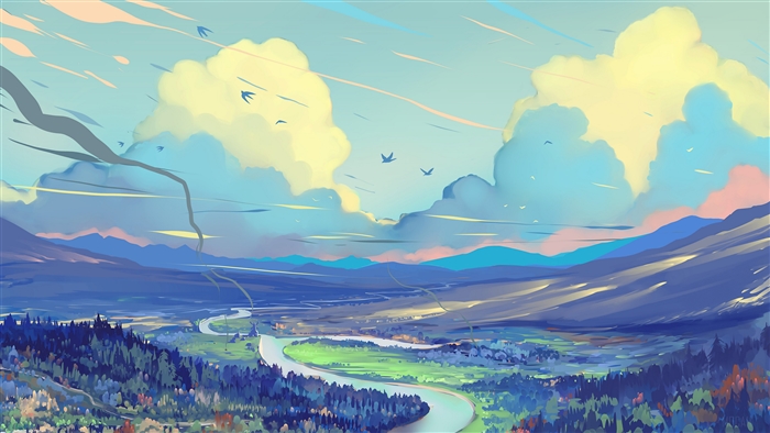 River flows through a valley with mountains and clouds 4K