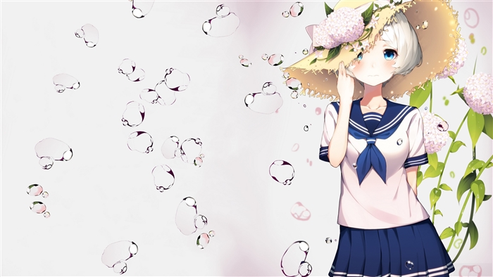 Anime Girl in School Uniform with Straw Hat and Flowers