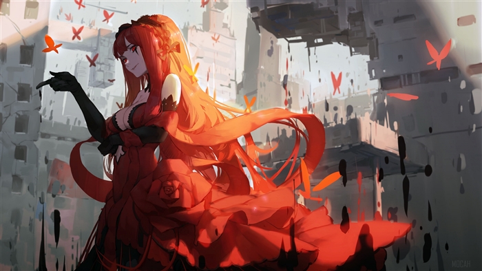 Kurumi Tokisaki in a red dress with butterflies