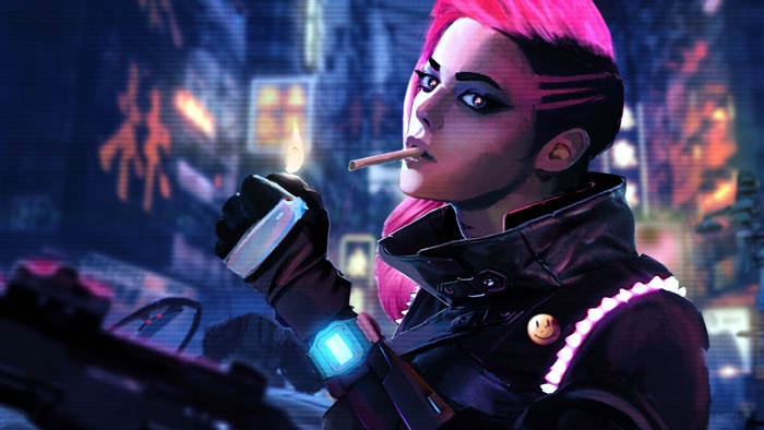 Woman with pink hair lighting a cigarette in a cyberpunk city