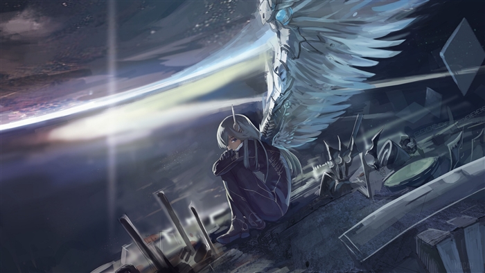 Girl with Wings Sitting on a Structure in Space 4K