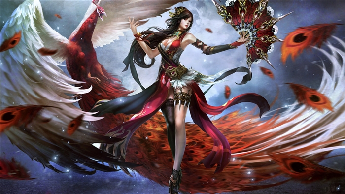 Woman Warrior with Phoenix and Peacock Feathers 4K