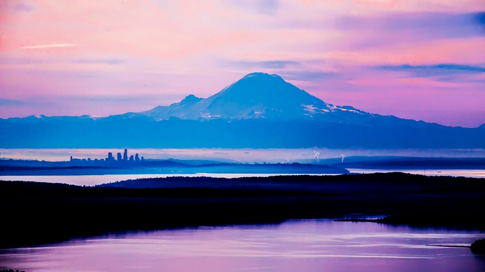 Mount Rainier and Seattle Skyline at Sunset