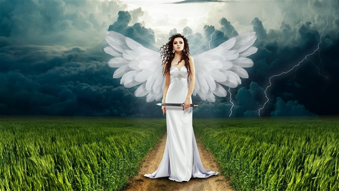 Woman with Wings and Sword in a Stormy Field 4K