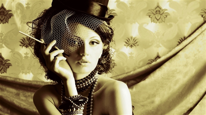 Woman in Top Hat Smoking with Jewelry 4K