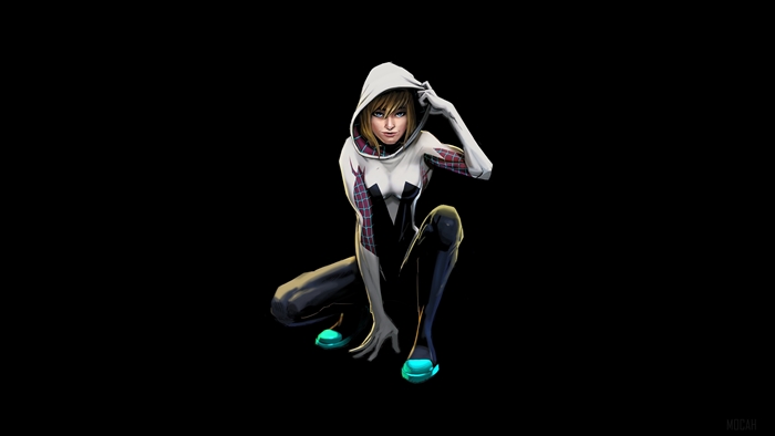 Spider-Gwen crouching in a white and black suit