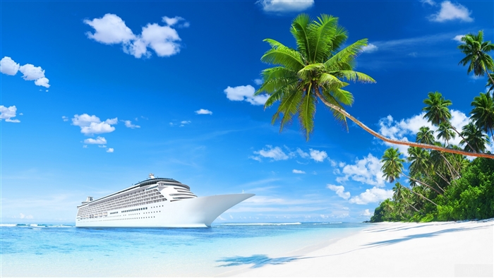 Cruise Ship on a Tropical Beach with Palm Trees 4K