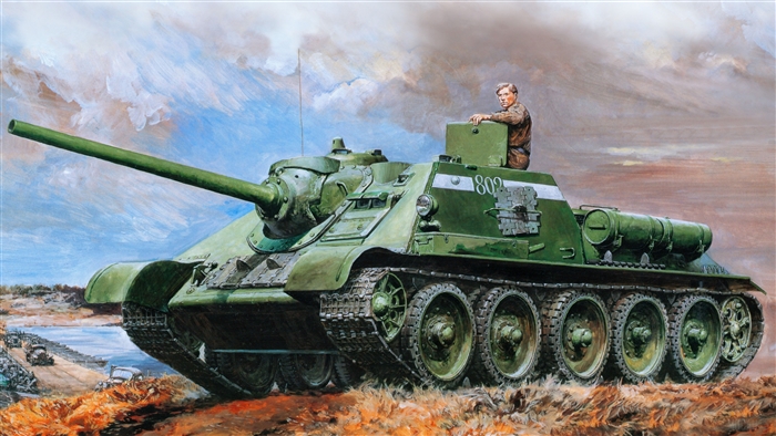 Soviet SU-100 tank with crew member