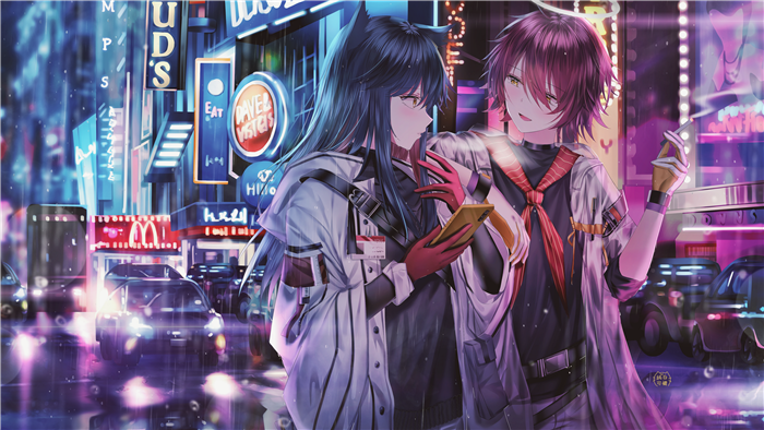 Two anime characters in a neon-lit city street at night