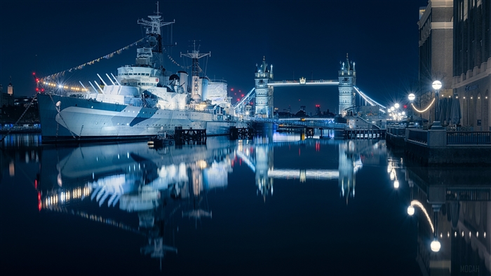 HMS Belfast and Tower Bridge at night, London 4K