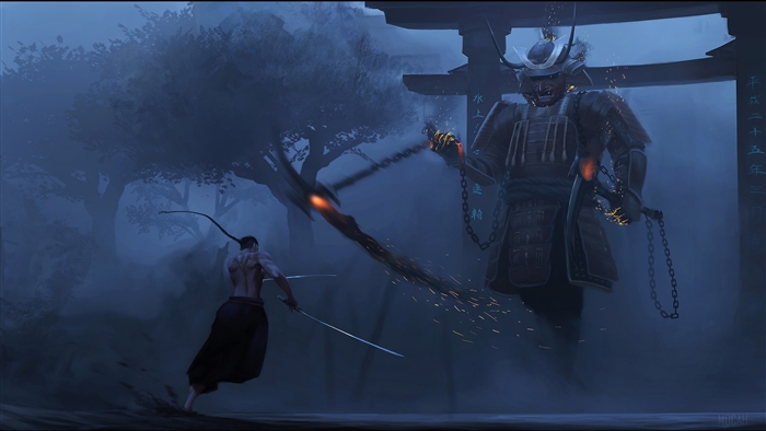 Samurai fighting a giant armored warrior